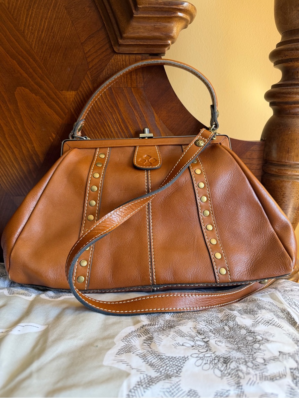 Patricia Nash Nemoli Cognac Leather Studded Frame Satchel